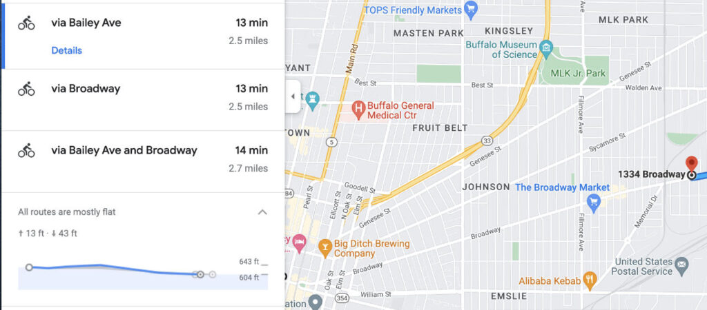Screenshot of Google Maps that shows the distance and time it takes to bike to work.