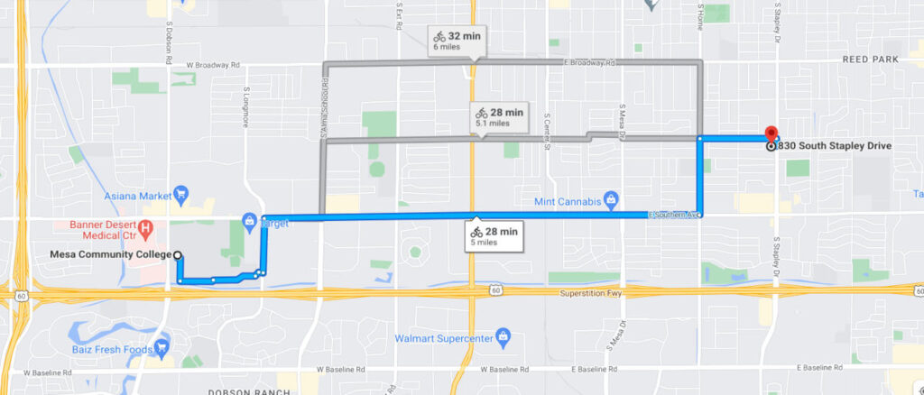 A Google Maps screenshot comparing 3 different routes and providing an estimate how long it will take for each to bike to work.