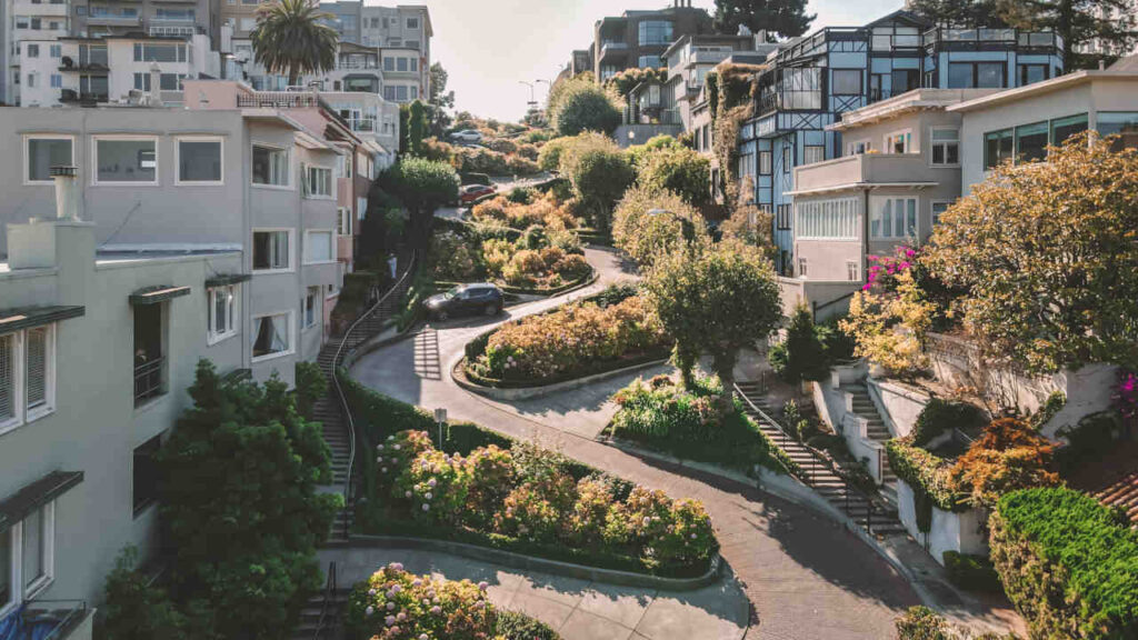 A photo of a residential area in San Francisco with a steep biking hill through its center.