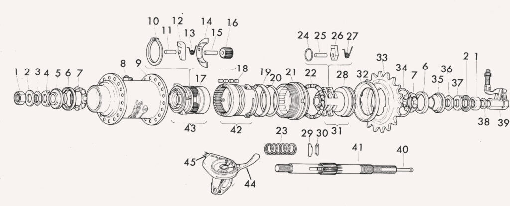 An exploded view of a 3-speed bike hub.