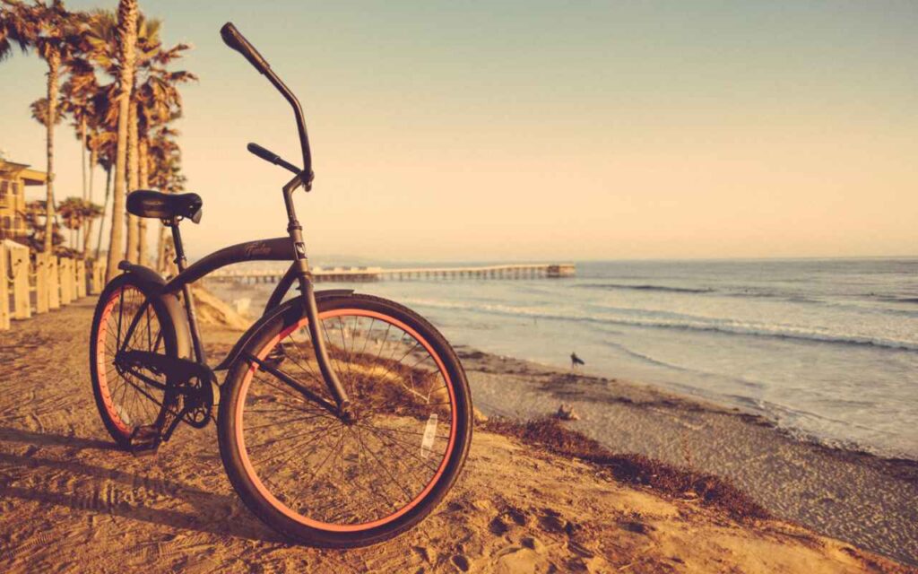 A photo of a beach cruiser. Slow Train is the perfect name for this bike.